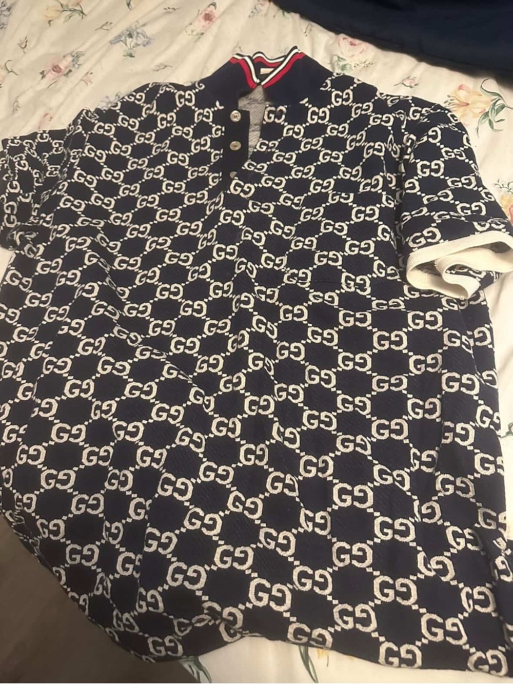 Gucci Blue and Ivory GG Jacquard Polo with Red-Trim Collar